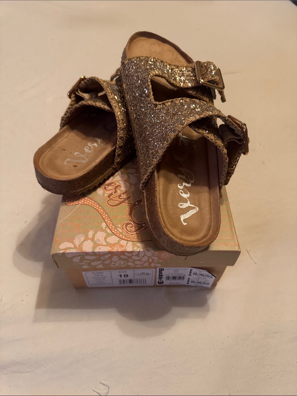 Very G Metallic Gold Glitter Dual Buckle Slide Sandals